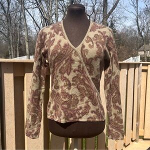 Daniel Bishop Paisley 100% Cashmere Crossover V-Neck Long Sleeve Sweater Size M